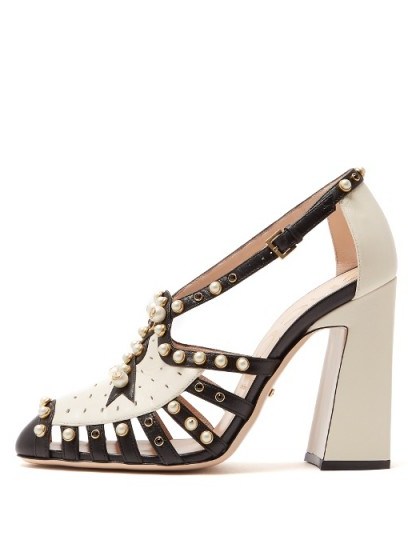 GUCCI Tracy faux-pearl embellished leather pumps ~ statement bock heeled shoes - flipped