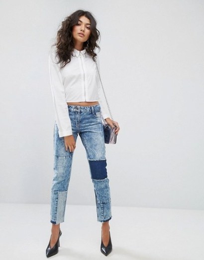 Urban Bliss Straight Leg Jean with Shadow Patching and Raw Hem | patchwork jeans - flipped