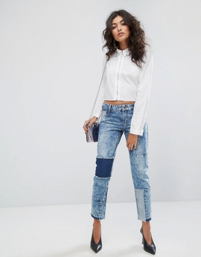 Urban Bliss Straight Leg Jean with Shadow Patching and Raw Hem | patchwork jeans