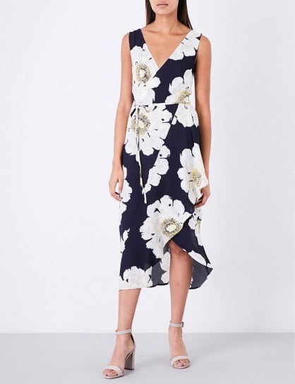 WAREHOUSE Melody floral-print crepe dress / blue and white floral dresses - flipped