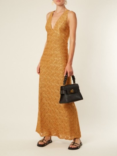 MISSONI Wave-knit V-neck dress ~ long metallic gold dresses - flipped
