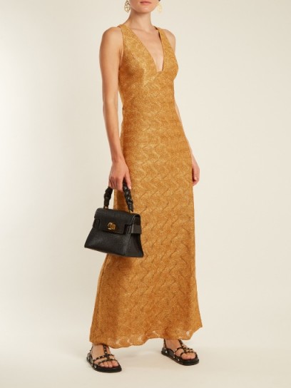 MISSONI Wave-knit V-neck dress ~ long metallic gold dresses