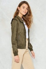 NASTY GAL What a Thrill Vegan Suede Jacket ~ khaki-green frill trimmed jackets
