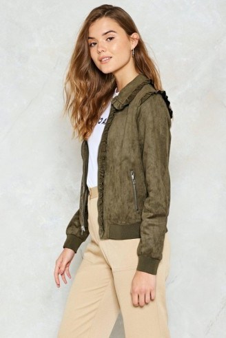 NASTY GAL What a Thrill Vegan Suede Jacket ~ khaki-green frill trimmed jackets - flipped