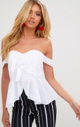 PRETTY LITTLE THING WHITE BARDOT SWEETHEART BOW FRONT SHIRT