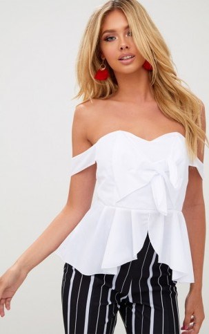 PRETTY LITTLE THING WHITE BARDOT SWEETHEART BOW FRONT SHIRT - flipped