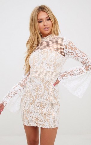 PRETTY LITTLE THING WHITE CROCHET LACE FLARED CUFF BODYCON DRESS – wide sleeve high neck party dresses - flipped