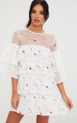 Pretty Little Thing WHITE EMBROIDERED TIERED MESH SHIFT DRESS #3