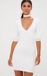 PRETTY LITTLE THING WHITE NECK TIE PUFF SLEEVE BODYCON DRESS | plunge front going out dresses