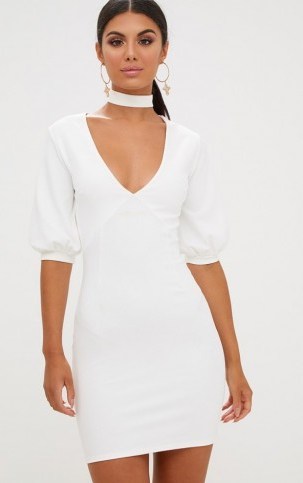 PRETTY LITTLE THING WHITE NECK TIE PUFF SLEEVE BODYCON DRESS | plunge front going out dresses - flipped