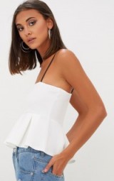 PRETTY LITTLE THING WHITE SQUARE NECK FRILL HEM TOP – strappy tops