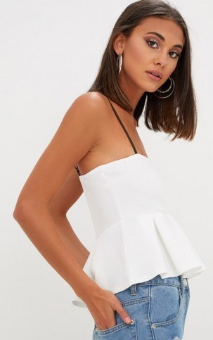 PRETTY LITTLE THING WHITE SQUARE NECK FRILL HEM TOP – strappy tops - flipped