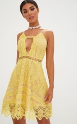 pretty little thing YELLOW CROCHET LACE PLUNGE STRAPPY SKATER DRESS