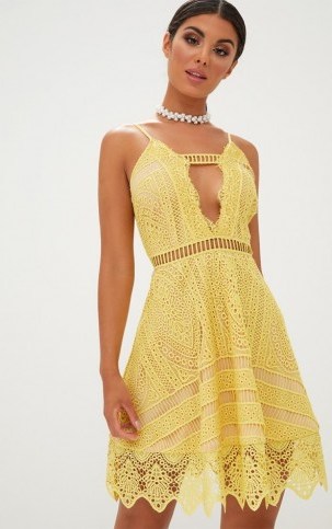 pretty little thing YELLOW CROCHET LACE PLUNGE STRAPPY SKATER DRESS - flipped