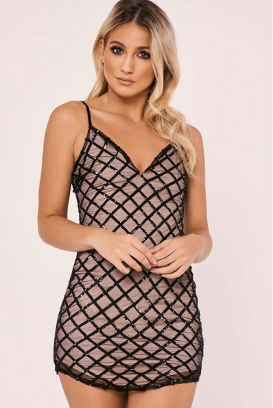In The Style AADA BLACK DIAMOND SEQUIN MESH PLUNGE DRESS – mini dresses – party fashion - flipped