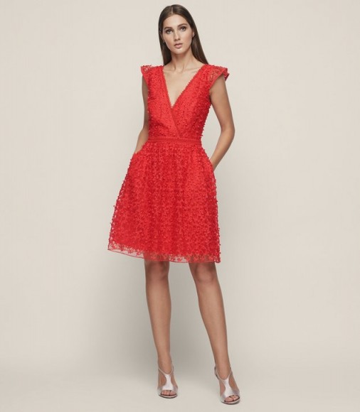 REISS ABRIANNA WRAP LACE FLORAL-DETAIL DRESS VERMILLION / red party dresses