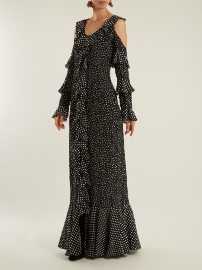 RAQUEL DINIZ Ada polka-dot cut-out shoulder silk gown – ruffled evening gowns