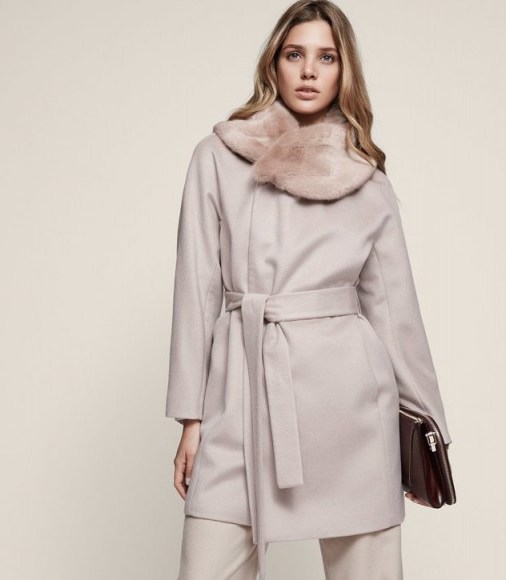 REISS AEVEN FAUX FUR COLLAR WRAP COAT PARCHMENT ~ chic belted coats - flipped
