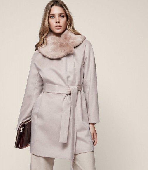 REISS AEVEN FAUX FUR COLLAR WRAP COAT PARCHMENT ~ chic belted coats