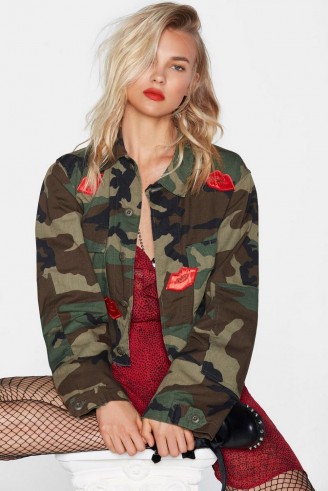 Nasty Gal After Party Vintage Loose Lips Camo Jacket ~ camouflage jackets