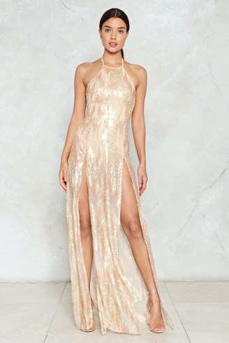 Nasty Gal After the Glitter Fades Maxi Dress – long gold front slit evening dresses - flipped