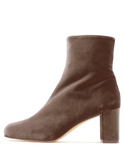 MARYAM NASSIR ZADEH Agnes block-heel velvet ankle boots – luxe looks – taupe-brown - flipped