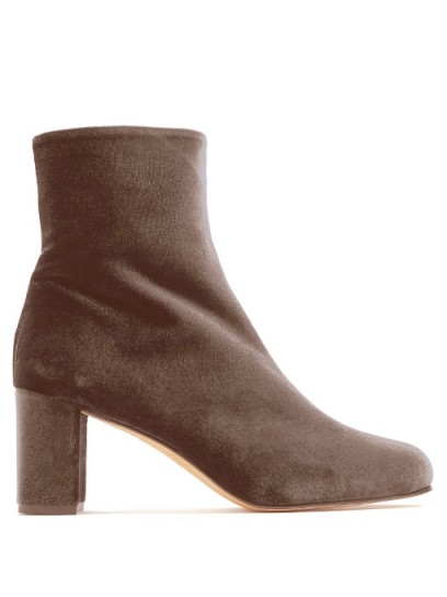 MARYAM NASSIR ZADEH Agnes block-heel velvet ankle boots – luxe looks – taupe-brown