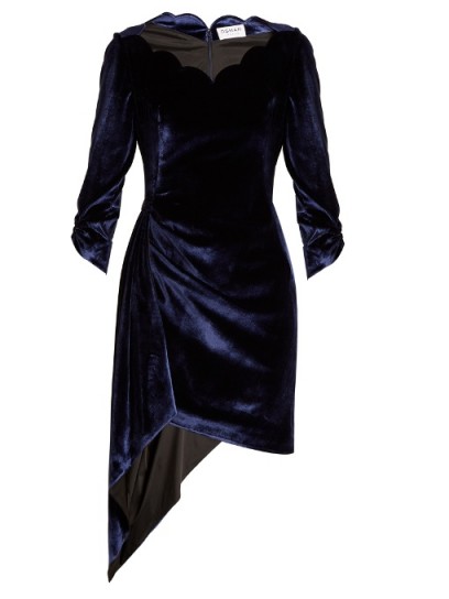 OSMAN Aileen scallop-edged asymmetric velvet dress ~ royal-blue ruched evening dresses