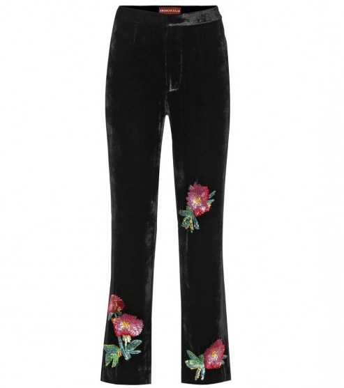 ALEXACHUNG Floral-embroidered velvet trousers - flipped