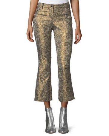 Alice + Olivia Drew Metallic Jacquard Cropped Bell Pants | gold paisley crop leg trousers - flipped