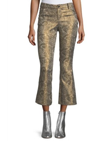 Alice + Olivia Drew Metallic Jacquard Cropped Bell Pants | gold paisley crop leg trousers