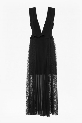 FRENCH CONNECTION Angelina Pleated Lace and Jersey Maxi Dress | plunging neckline dresses | plunge front evening fashion - flipped