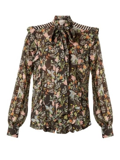 PREEN BY THORNTON BREGAZZI Annie floral-print silk-georgette shirt ~ ruffled tie neck shirts – romantic fashion - flipped
