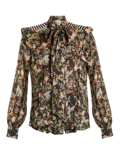 PREEN BY THORNTON BREGAZZI Annie floral-print silk-georgette shirt ~ ruffled tie neck shirts – romantic fashion