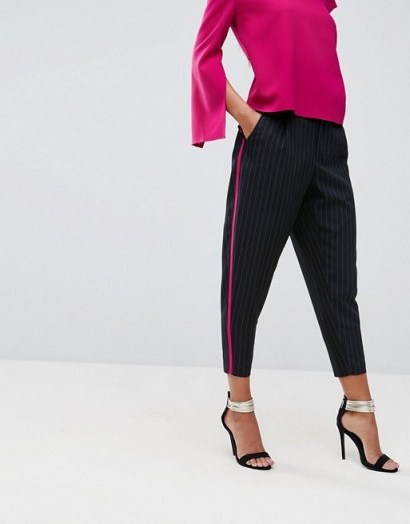 AQ/AQ Pinstripe Trouser With Contrast Piping | tapered crop leg trousers | striped pants - flipped