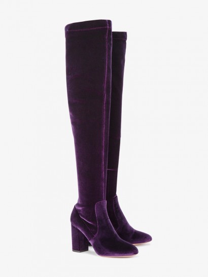 Aquazzura So Me 85 Thigh-High Boots – purple velvet over the knee boots – winter luxe