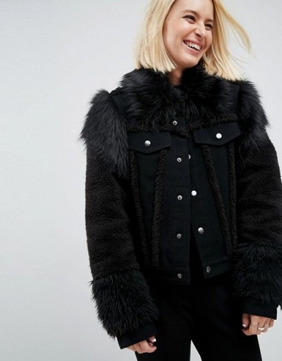 ASOS Denim Jacket in Washed Black with Faux Fur Panels – furry jackets - flipped