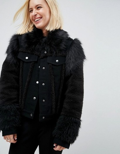 ASOS Denim Jacket in Washed Black with Faux Fur Panels – furry jackets