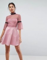 ASOS Dobby High Neck Fluted Sleeve Mini Skater Dress – pink semi sheer going out dresses