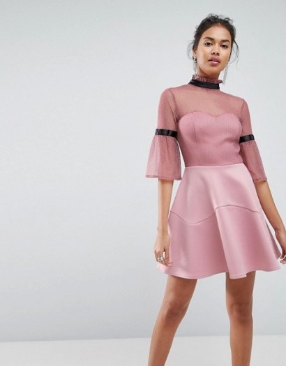 ASOS Dobby High Neck Fluted Sleeve Mini Skater Dress – pink semi sheer going out dresses - flipped