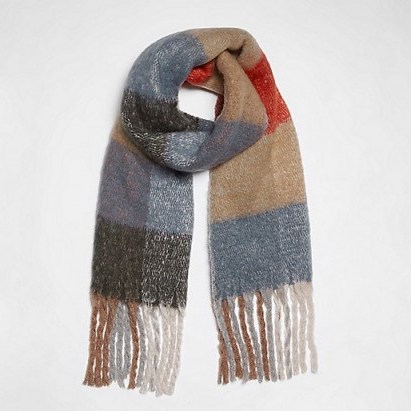 Beige colour block check blanket scarf / checked scarves / winter accessories - flipped
