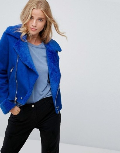 Bershka Suedette Biker Jacket – blue faux suede/fur moto jackets - flipped