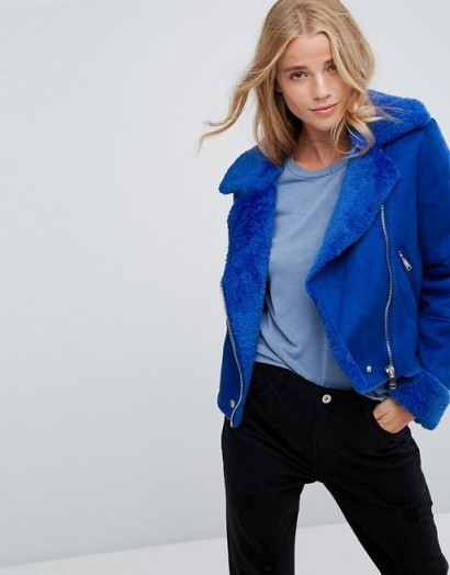 Bershka Suedette Biker Jacket – blue faux suede/fur moto jackets