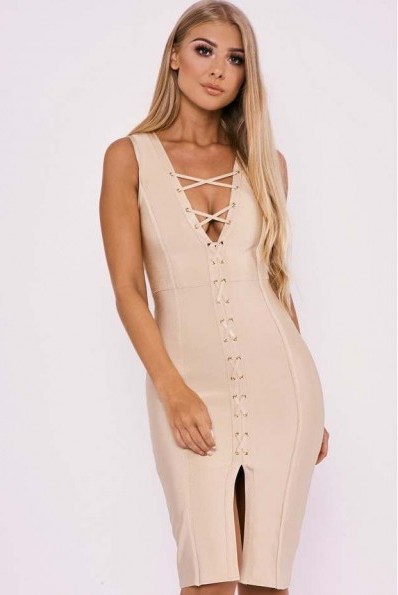 BILLIE FAIERS NUDE LACE UP BANDAGE DRESS ~ going out bodycon dresses - flipped