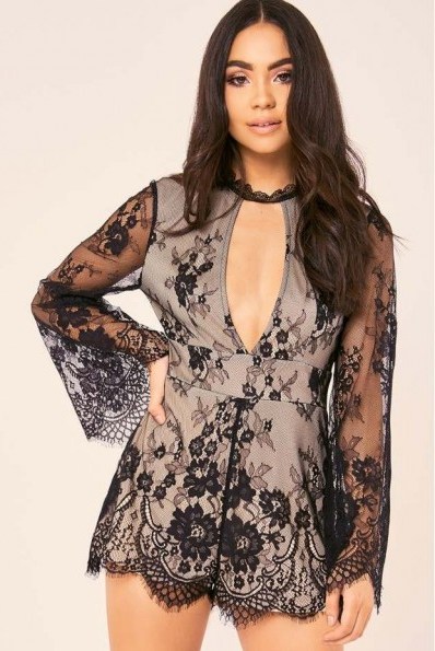 BINKY BLACK LACE HIGH NECK FLUTE SLEEVE PLAYSUIT ~ sheer sleeved playsuits - flipped