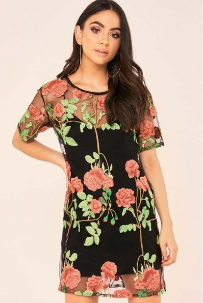 BINKY BLACK ROSE EMBROIDERED MESH TEE DRESS ~ semi sheer floral party dresses - flipped