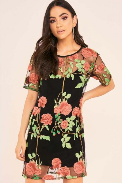 BINKY BLACK ROSE EMBROIDERED MESH TEE DRESS ~ semi sheer floral party dresses