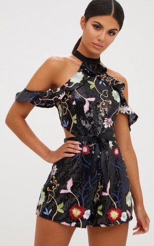 PRETTY LITTLE THING BLACK COLD SHOULDER FLORAL EMBROIDERED SEQUIN PLAYSUIT – going out playsuits - flipped