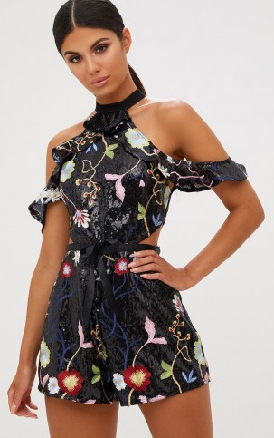 PRETTY LITTLE THING BLACK COLD SHOULDER FLORAL EMBROIDERED SEQUIN PLAYSUIT – going out playsuits