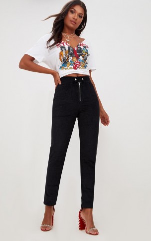 PRETTY LITTLE THING BLACK CORD ZIP FRONT TROUSERS